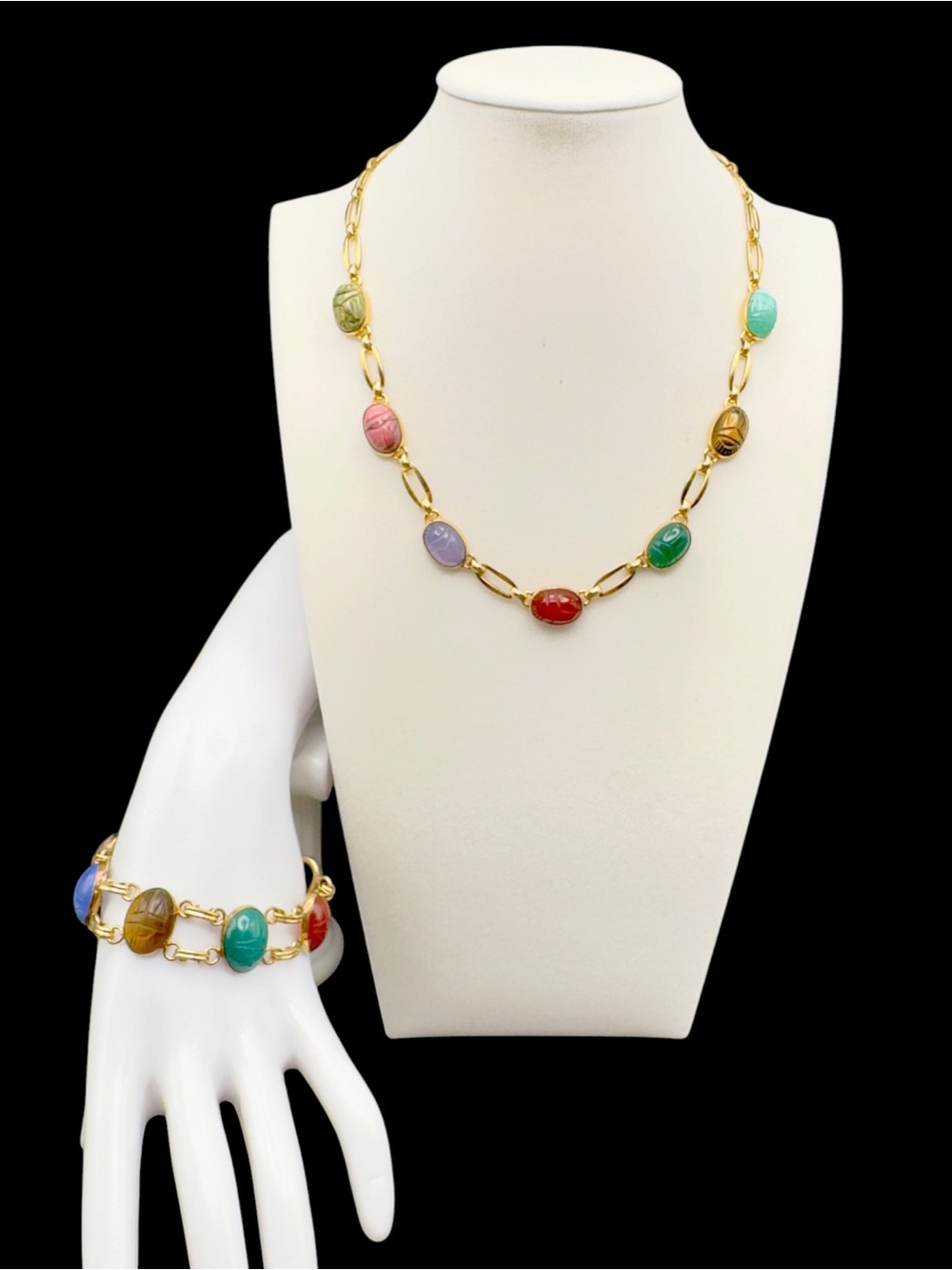 Vintage MCM Egyptian Revival Gold Filled Semi Precious Stone Scarab Necklace & B